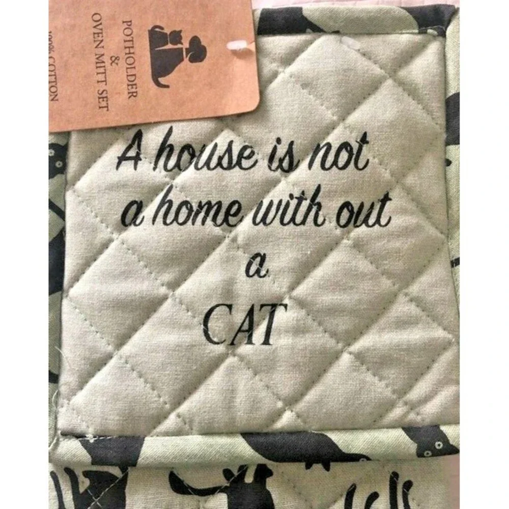 Cat Kitchen Oven Mitt Potholder Set Kitty Kitten Pet House Home Without a Cat